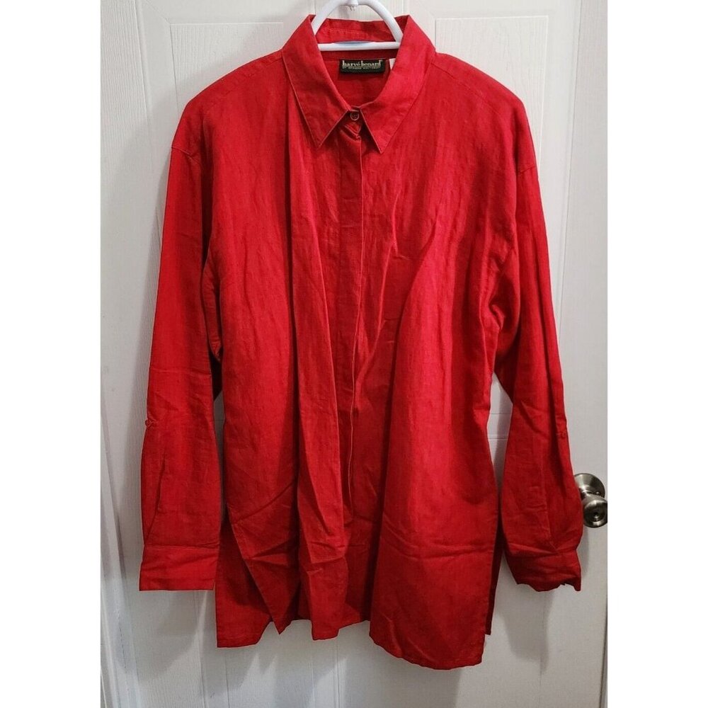 Harve Benard Women's Long Sleeve Button Up Oversized Top Linen Blend Red Size XL